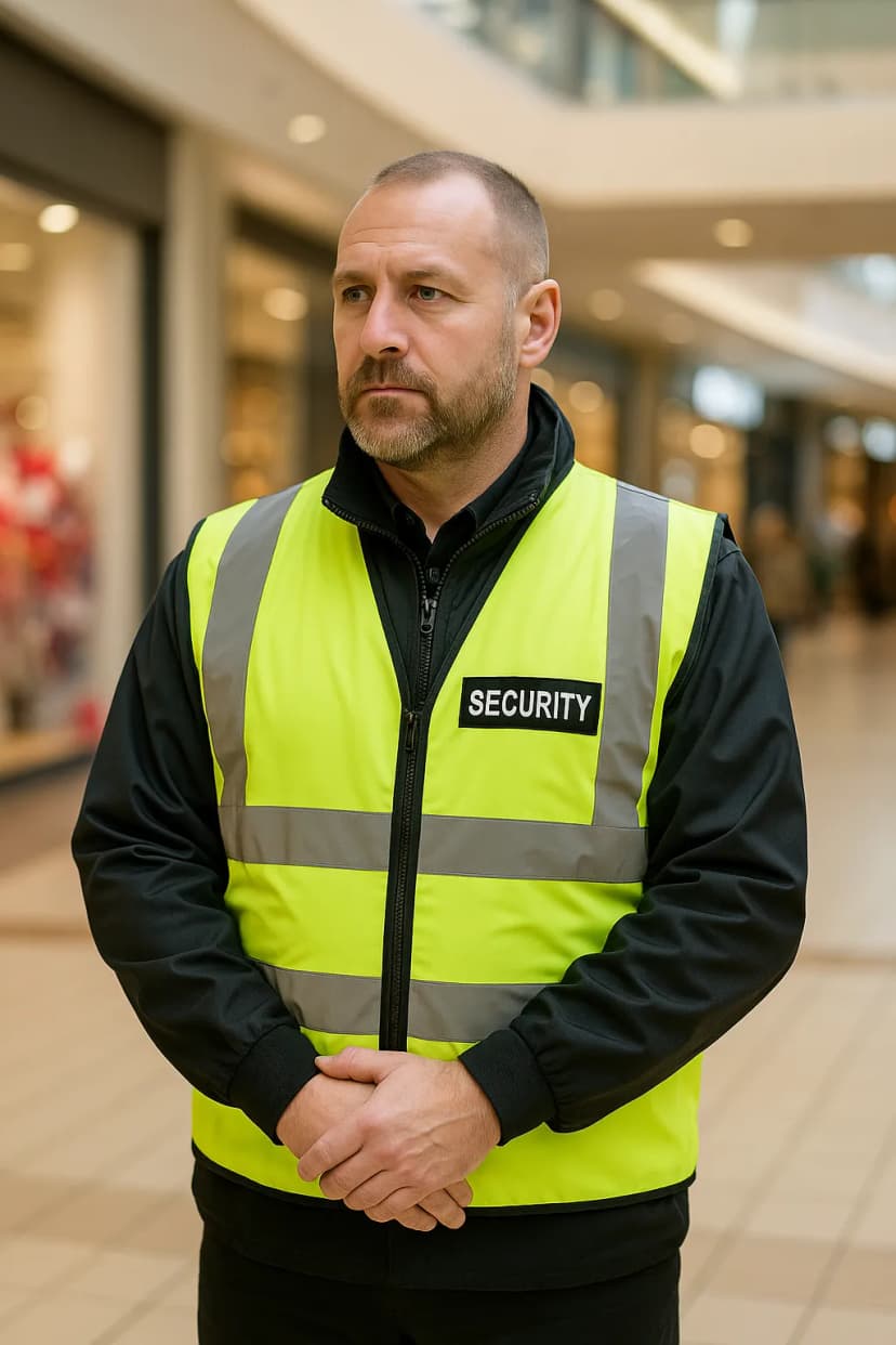 Door supervisor standing in the entrance of a shopping mall