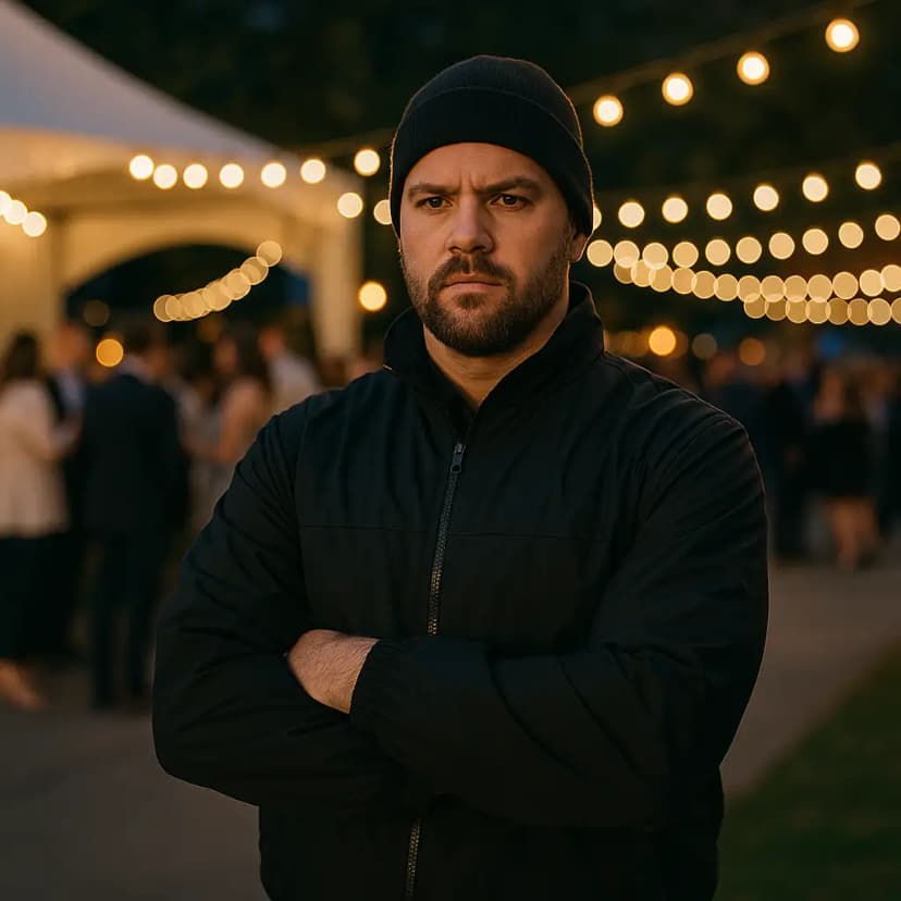 A door supervisor in a black jacket and beanie stands with folded arms at an outdoor event, with string lights and a crowd in the background.