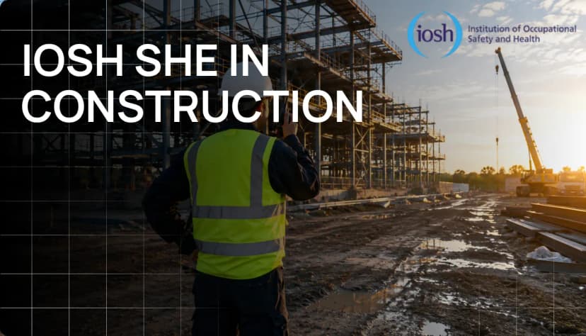 IOSH SHE in Construction course banner showing a construction worker on site with crane and building framework