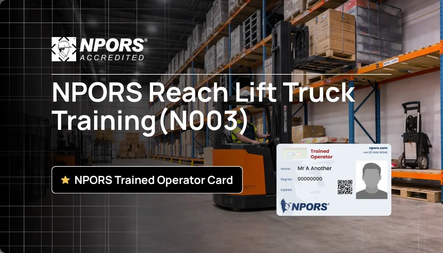Warehouse worker operating a reach truck forklift for safe load handling during training