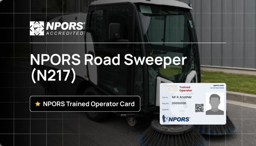 NPORS Road Sweeper N217 course promo with a road sweeper on-site and a sample NPORS Trained Operator Card.