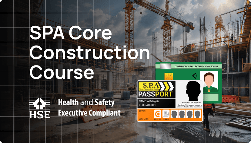 SPA Core Construction Course with a construction worker holding an SPA safety passport, highlighting HSE compliance and the CSCS card logo.