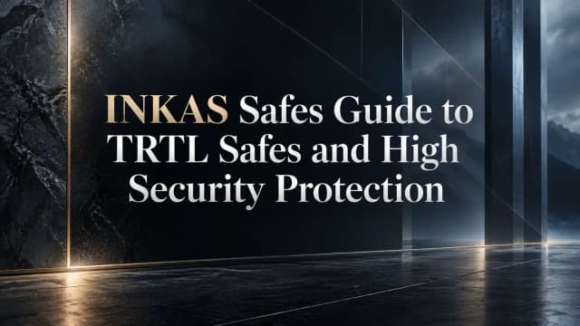 Text overlay on a dark, industrial metallic background reading "INKAS Safes Guide to TRTL Safes and High Security Protection