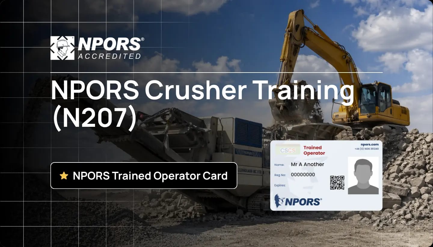 NPORS Crusher Training (N207) promotional banner with crusher equipment and trained operator card