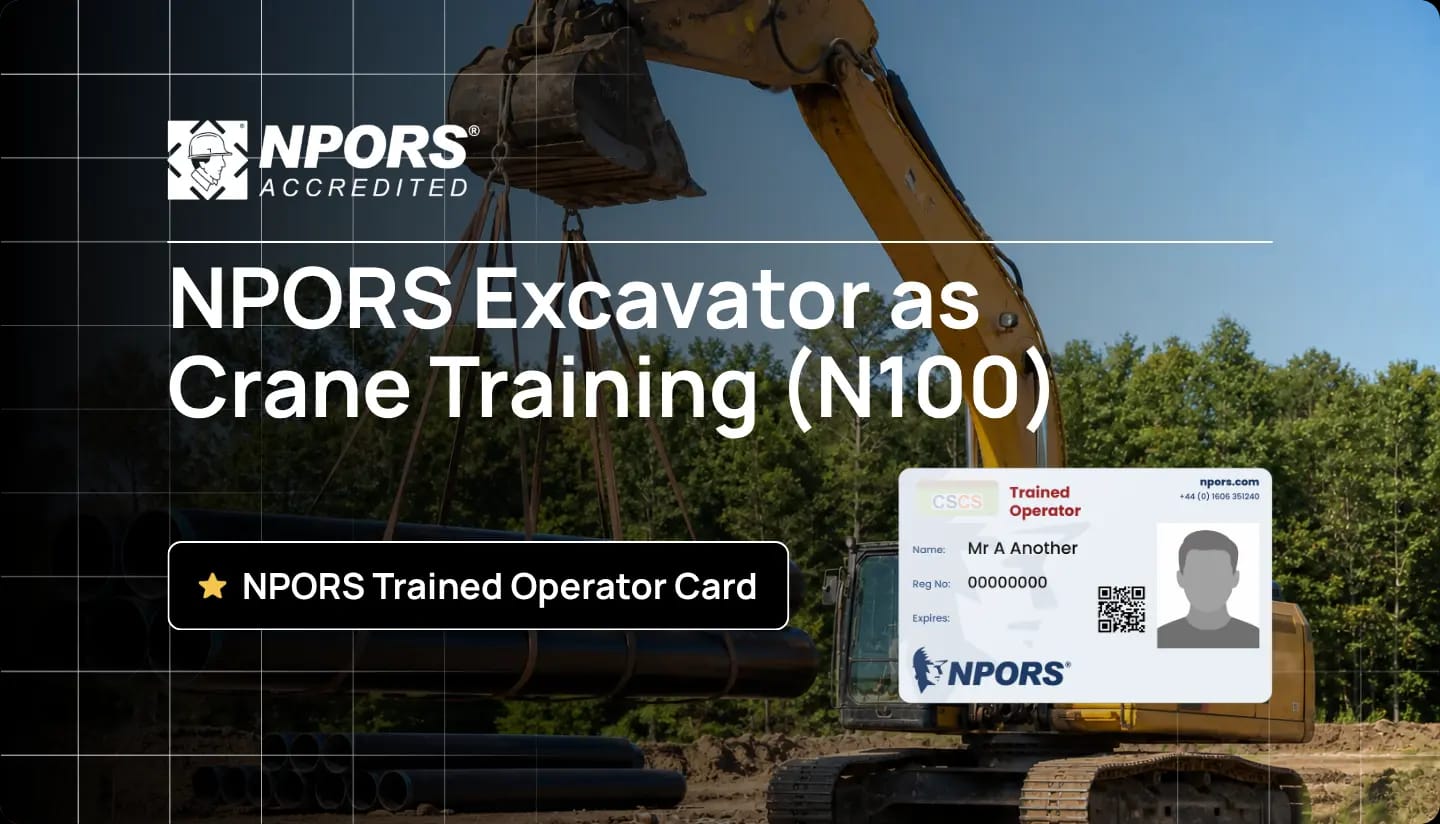 Heavy-duty excavator configured for crane-style lifting with chains and hook in an open construction environment