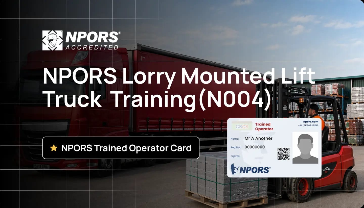 NPORS N004 lorry mounted lift truck (Moffett) training with operator loading materials