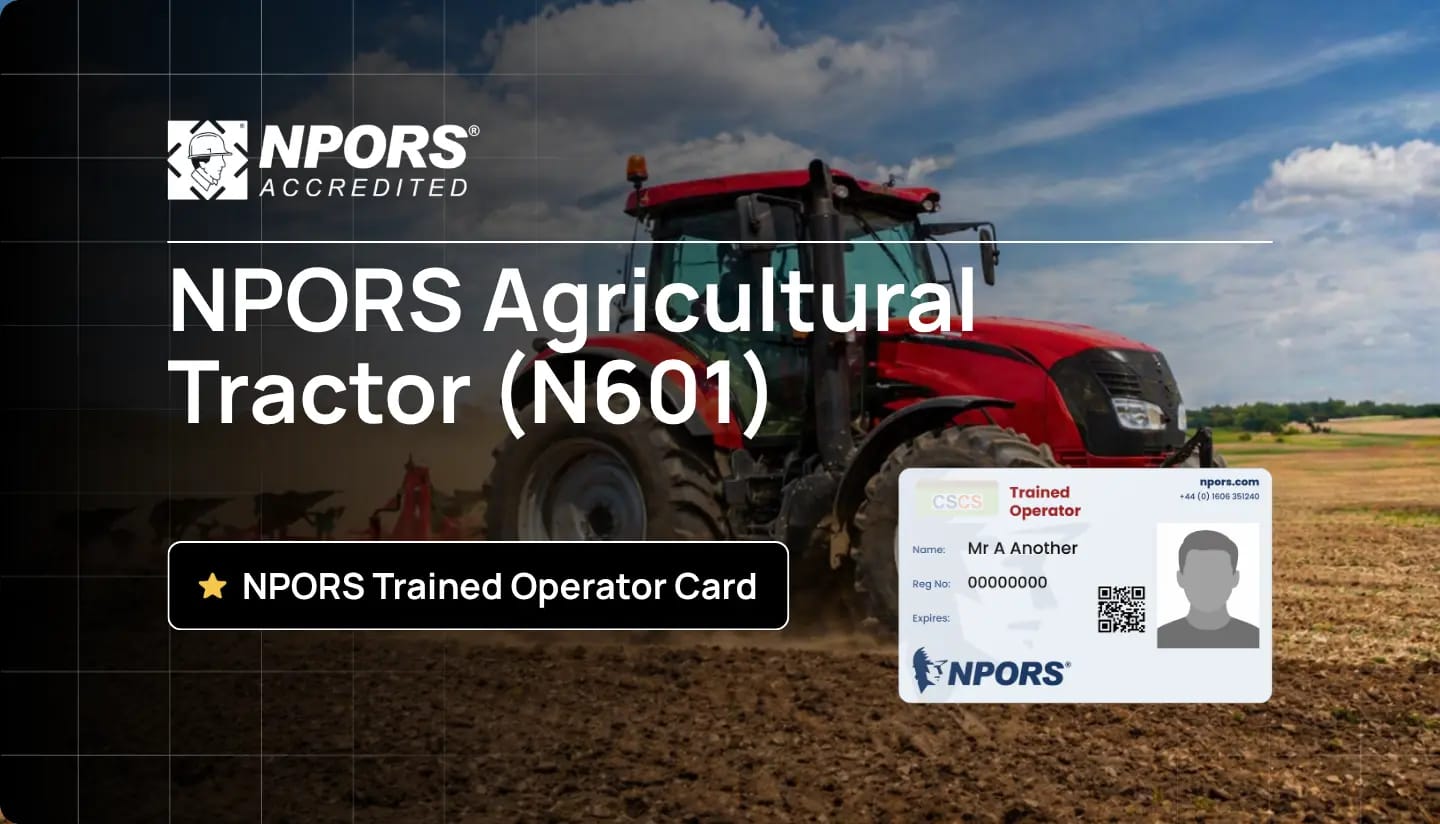 NPORS Agricultural Tractor (N601) course image with a red tractor in a field and a sample NPORS Trained Operator Card.