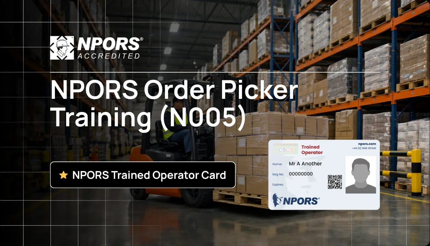 order picker training course with operator safely handling loads in a warehouse environment.