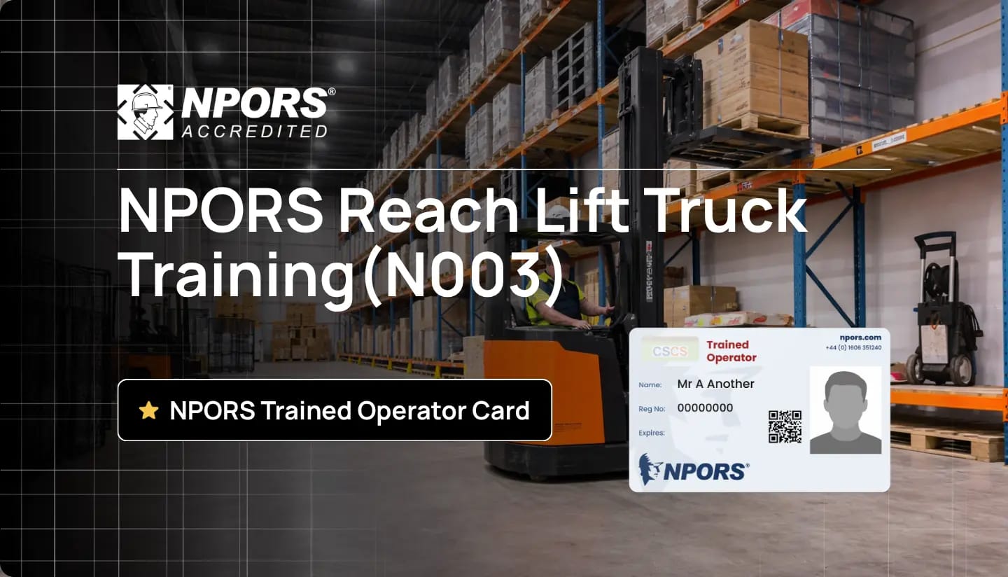 Warehouse worker operating a reach truck forklift for safe load handling during training