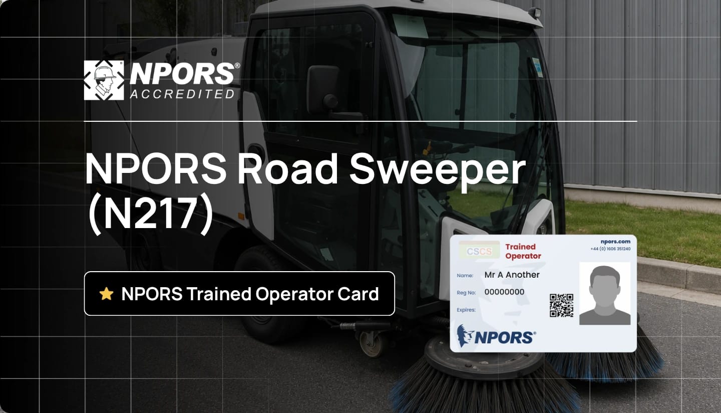 NPORS Road Sweeper N217 course promo with a road sweeper on-site and a sample NPORS Trained Operator Card.
