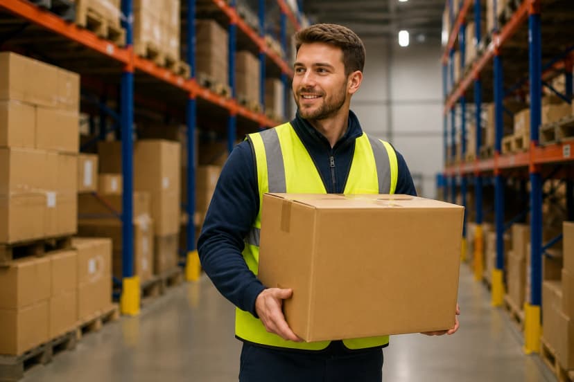 Manual handling training in a well-lit warehouse, showing a worker holding a cardboard box safely