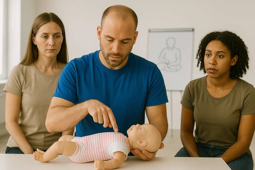 Trainer demonstrating infant CPR during Paediatric First Aid course in Bradford