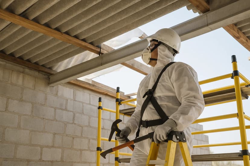 Construction worker in protective suit and mask performing asbestos awareness (Category A) tasks on-site with scaffolding and safety equipment