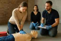 Emergency First Aid At Work (EFAW) training session showing a participant performing chest compressions on a CPR mannequin under instructor supervision
