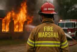 Fire marshal in uniform monitoring a building fire during fire warden course training