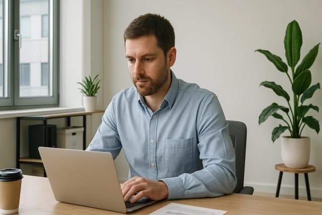 A professional man working on a laptop in a UK office setting, representing the Level 3 Award in Assessing Vocationally Related Achievement (AVRA Unit 1 & 2)