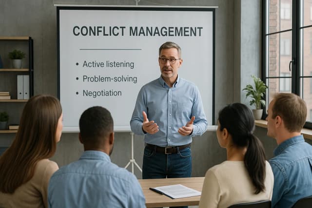 Instructor delivering Level 3 Award in Delivery of Conflict Management training to diverse adult learners in a classroom setting