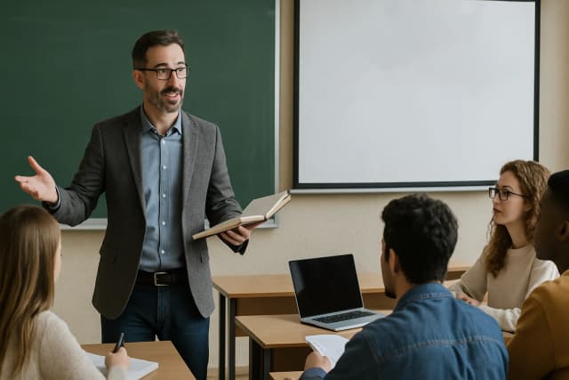 Instructor delivering a Level 3 Award in Education and Training (AET or PTLLS) session to adult learners in a classroom setting