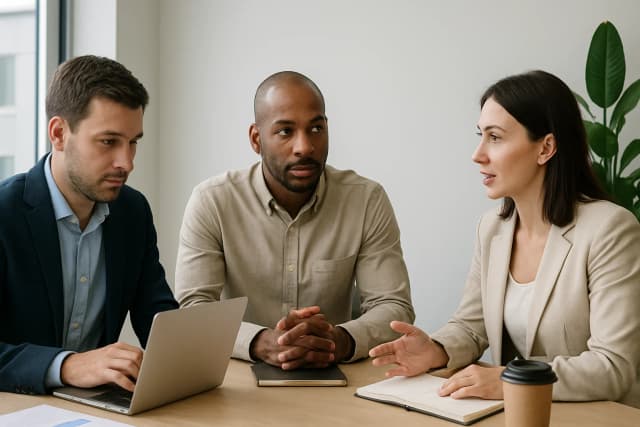 Three professionals in a modern UK office discussing the Level 3 Award in Understanding the Principles and Practices of Assessment (UPPA Unit 1)