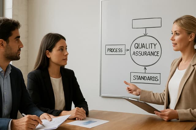 Trainer explaining a quality assurance process flowchart to two professionals during a training session - Level 4 IQA Award Unit 1 & 2