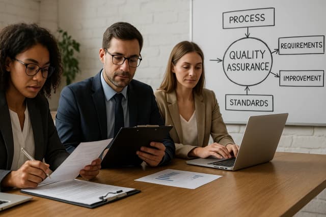 Three professionals collaborating around a table, reviewing documents and using a laptop, with a quality assurance flowchart visible in the background - Level 4 Certificate Lead IQA Course
