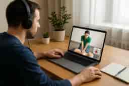 Man taking Online First Aid At Work Course (Advanced First Aid) via laptop, watching CPR training session