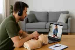Man practicing CPR on a mannequin at home during an Online First Aid Course (Basic First Aid) with laptop instruction