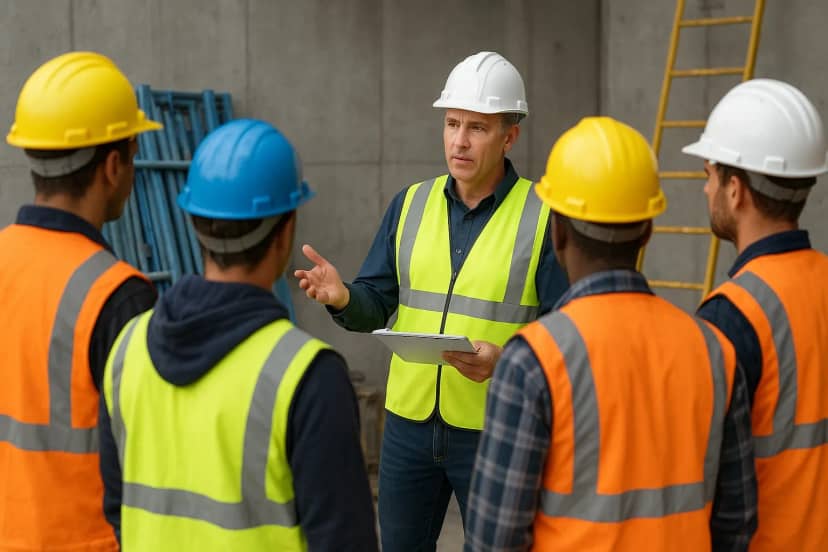 Construction workers receiving IOSH Working Safely training from a site supervisor during a safety briefing.