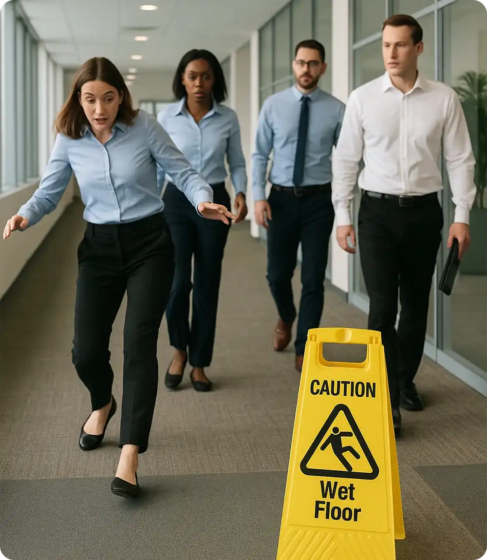 An office worker slips on a wet floor near a caution sign, with three professionally dressed colleagues reacting in the background as they walk down a modern, well-lit hallway. 