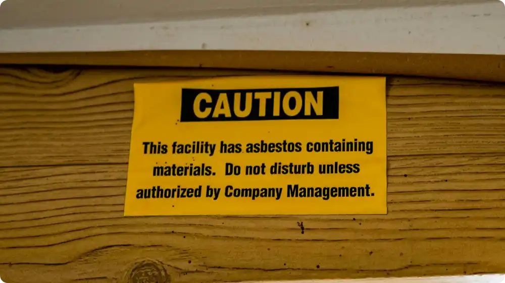 Caution sign indicating asbestos-containing materials, warning not to disturb without authorisation.