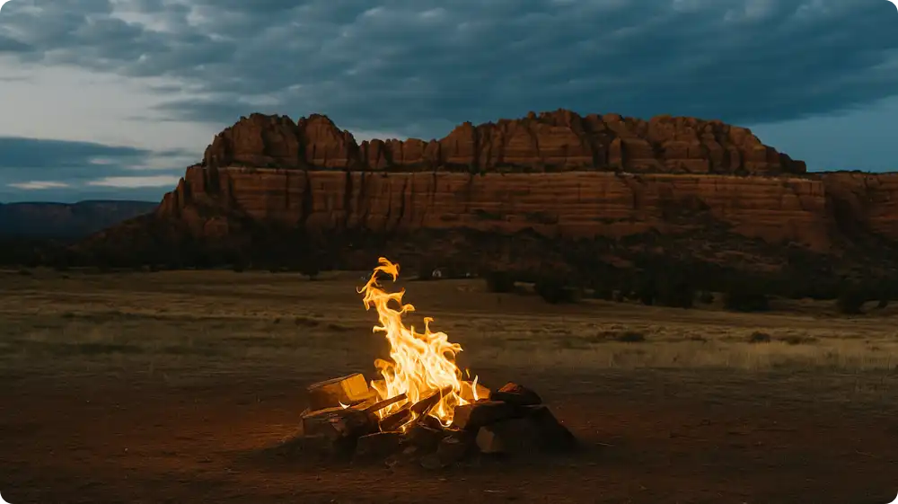Campfire burning in a stone fire pit, representing fear of fire (pyrophobia)