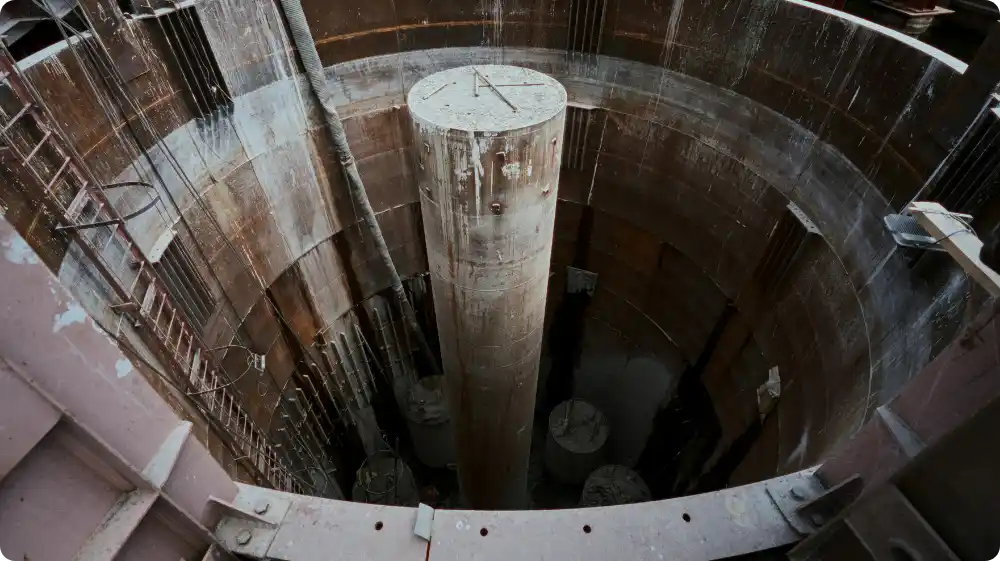 Deep vertical shaft used in construction, representing a high-risk confined space environment.