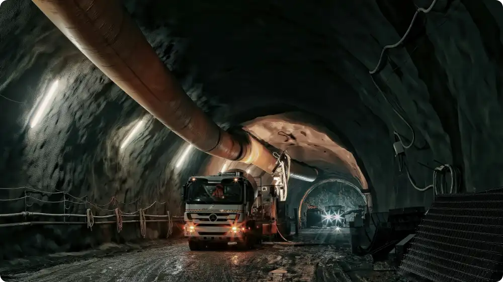 Industrial underground tunnel with ventilation systems and construction vehicles, highlighting confined space operations.