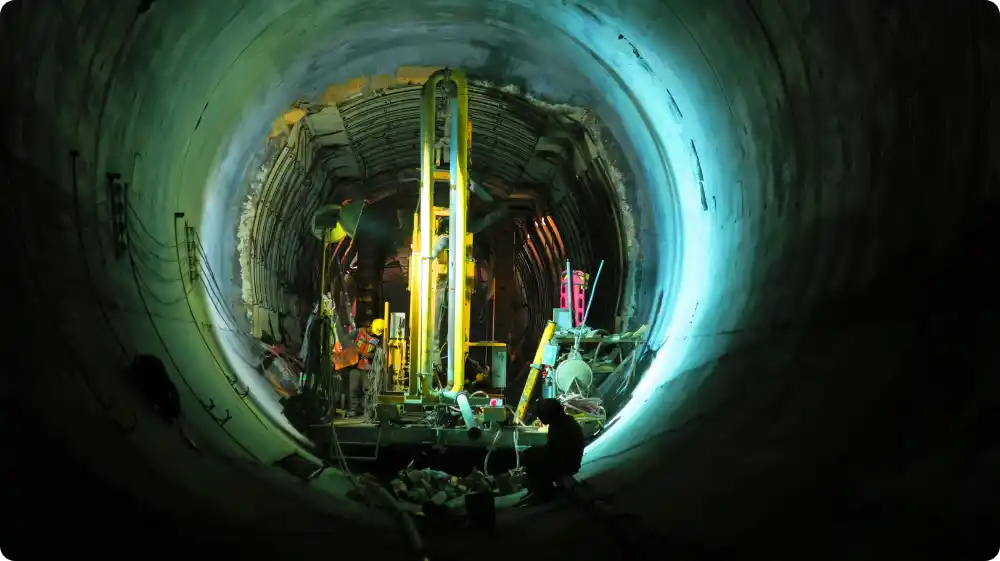 Construction workers operating inside a large underground tunnel with heavy machinery and safety lighting.