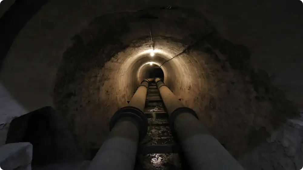 Underground utility tunnel with large pipes, showing a confined and enclosed workspace.